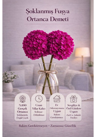 Şoklanmış Fuşya Ortanca Demeti Uzun Ömürlü, Bakım Gerektirmeyen Dekoratif Hediye