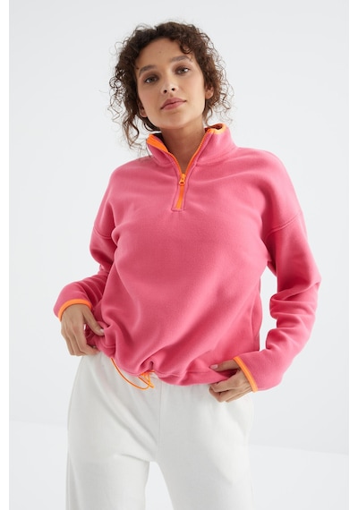 Tommy Life Şeker Pembe Yarım Fermuar Etek Ucu Büzgülü Dik Yaka Oversize Kadın Polar Sweatshirt - 97234 Şeker Pembe