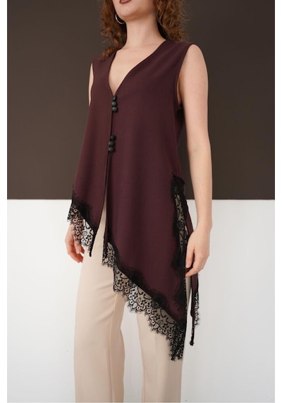 Verymoda Sıfır Kol Etek Ucu Dantel V Yaka Bluz D2993 Mürdüm