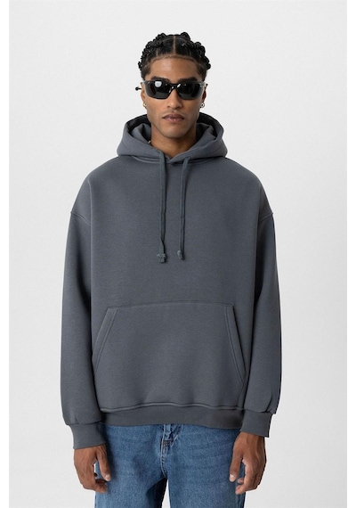 Vamos Basic Oversize Yıkamalı Hoodie Füme