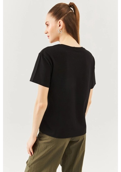 Kadın Rahat %100 Pamuklu Penye Bisiklet Yaka Kısa Kol Basic T-shirt SIYAH