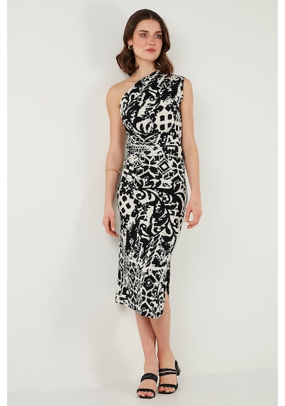 Lela Desenli Slim Fit Midi Boy Tek Omuzlu Bayan Elbise 5866202 Siyah-Beyaz