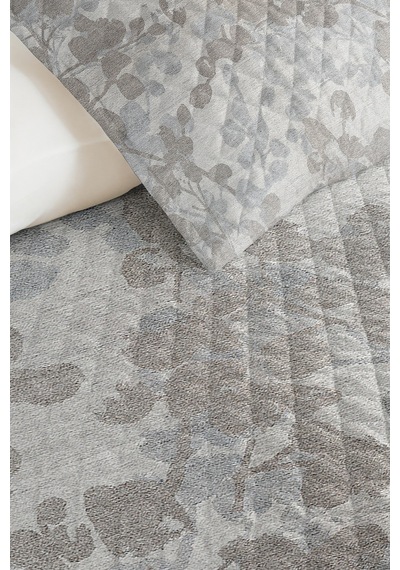 Gri Botanik Tek Kişilik Pike Takımı-minimal Yaprak Antrasit Bej 160x220 Cm Kapitone Yatak Örtüsü Melez Kulübe Dengesi