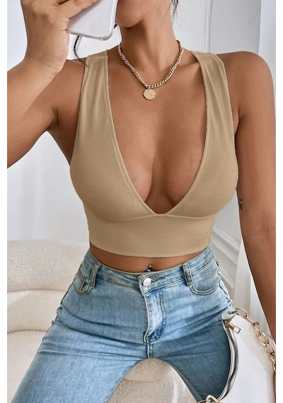 Terapi Men Kadın Bej Çapraz Sırt Detaylı Crop Top Bluz Bej