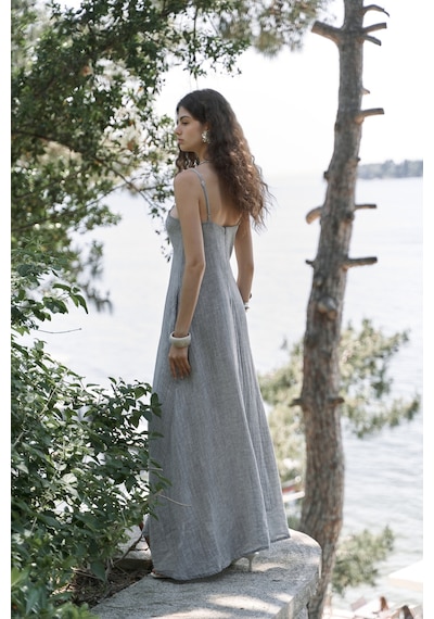 Mai Collection Mai Studios Co. Cinas Askılı Uzun Füme Keten Elbise Füme