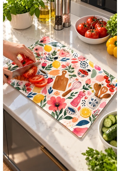 Gökçeoğlu Cam Kesme Tahtası Renkli Çiçek Mutfak Temalı - Cam Kesme Tablası 30cm X 40cm Çok Renkli