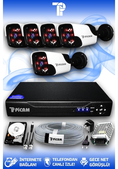 Picam 5 Kameralı Panda 5 Dış Kamera Set 2 TB HDD Full HD Gece Görüşlü Güvenlik Kamerası Sistemi