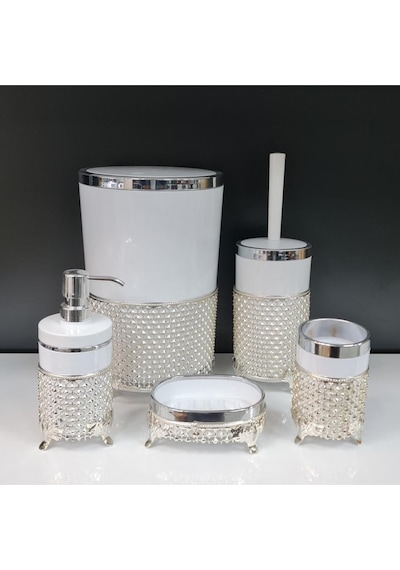 5 Parça Yuvarlak Akrilik Ferforje Banyo Seti Beyaz Gümüş Karo Desen Beyaz