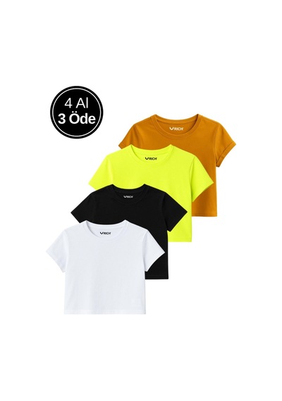 Kadın 4'lü Paket Oversize Crop Tişört %100 Pamuk Bisiklet Yaka T-shirt Beyaz