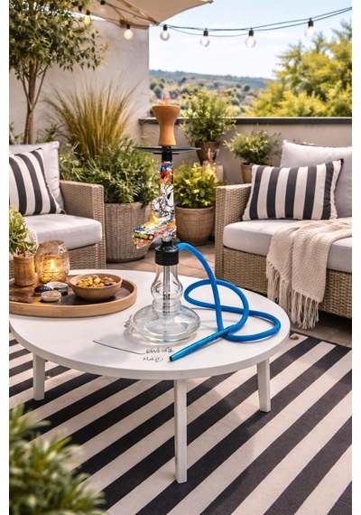 Cam Tabanlı Nargile 55 Cm 18 Cm Geniş Taban Modern Balkon & Teras Nargile Takımı Mavi Hortumlu