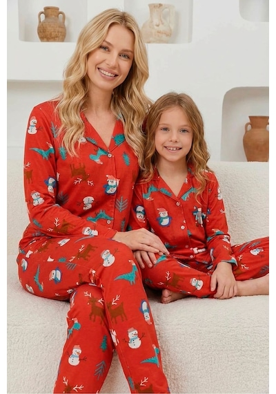 Anne Kız Kombin Penye Boydan Düğmeli Pijama Takımı Anne- Kız Ayrı Satılmaktadır. Kırmızı
