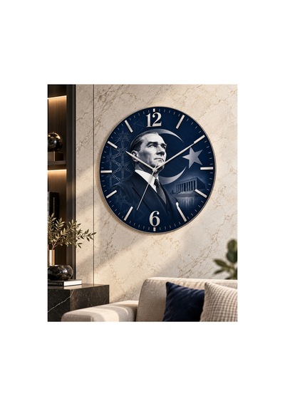 Atatürk Temalı 45 Cm Ahşap Sessiz Akar Mekanizmalı Uv Baskılı Dekoratif Duvar Saati Hediyelik 1092 Çok Renkli