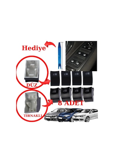 Fluence Megane 3 Laguna 3 Cam Düğmesi Seti Sağ Sol Ön Arka 8 Adetli Set