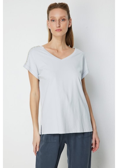 On Kadın Omuzları Taşlı V Yaka Pamuklu T-shirt 71415 Gri