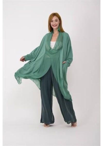 Bohem Stil Italyan Ipek Detaylı Oversize Kaftan & Bluz-8711 Mint Yeşili