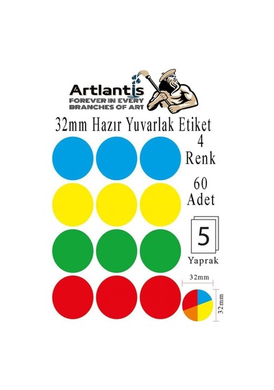 Artlantis 32 Mm Renkli Hazır Yuvarlak Etiket 60 Lı 1 Paket Mix Color Ofis Etiketleri Kendinden Yapışkanlı Nokta Eti Genel