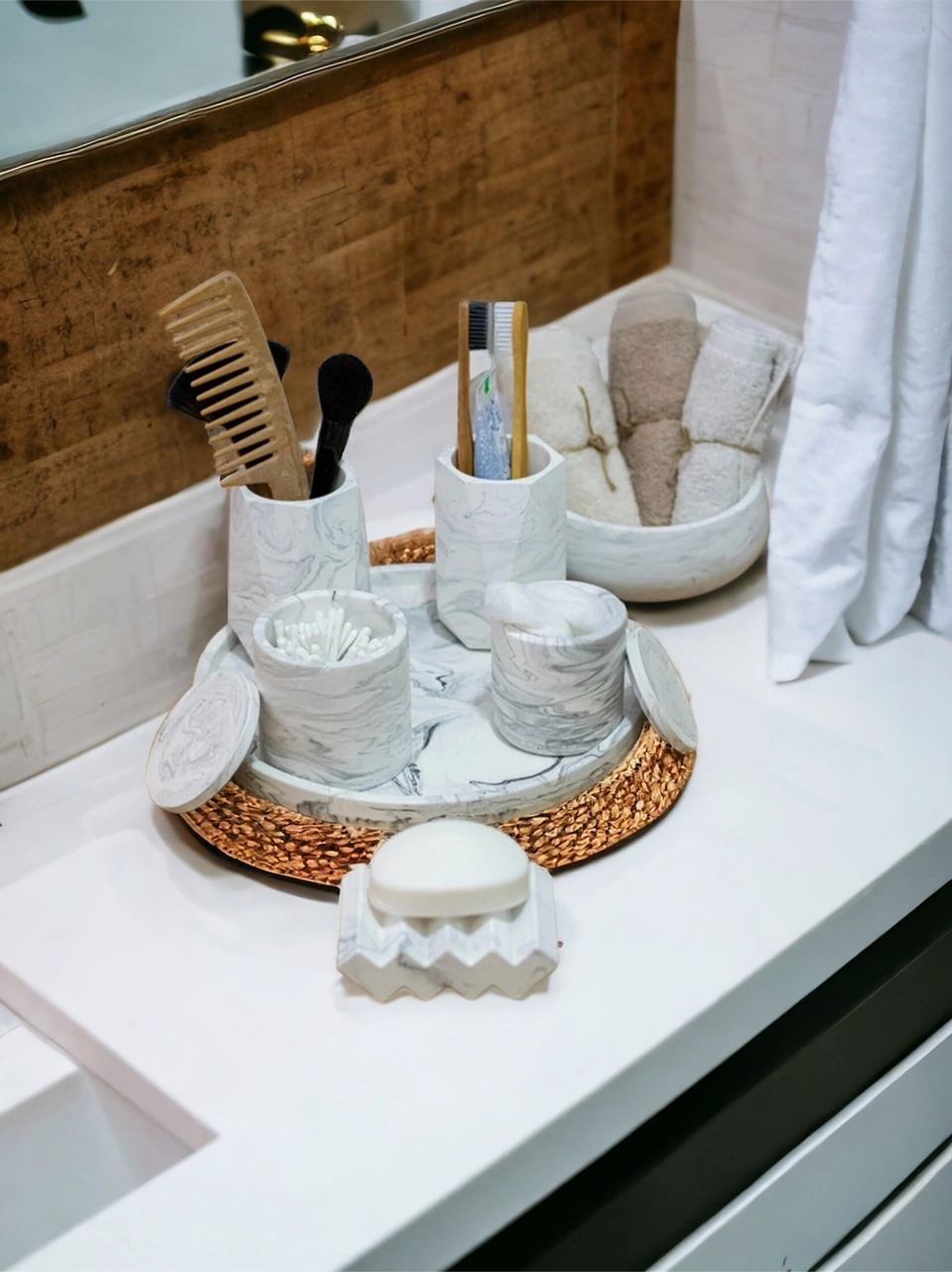 Marble Serisi Tepsili Beton Banyo Seti,pamukluk,havluluk Ve Sabunluk Seti,aksesuar,dekorasyon Gri