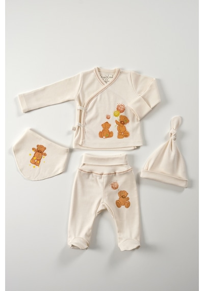 Tinylamb Fluffy Bear 4 Parça Unisex Bebek Uzun Kollu Pamuk Bodysuit Takımı Yenidoğan Ve Çocuk Hediye Seti Bej