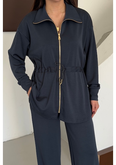 Balenbi Oversize Fermuarlı Beli Bağcıklı Polo Yaka Modal Kadın Takım 1196 - Form Serisi Füme Balenbi Oversize Fermuarlı Beli Bağcıklı Polo Yaka Modal Kadın Takım 1196 - Form Serisi Füme