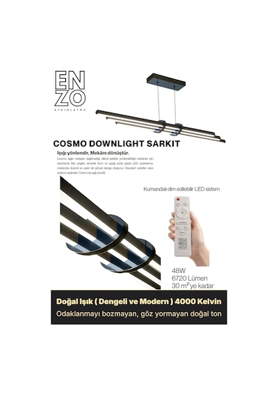 Cosmo Füme Işık Lineer Led Sarkıt Avize Kumandalı Dim Edilir Aşağı Işık Doğal Işık