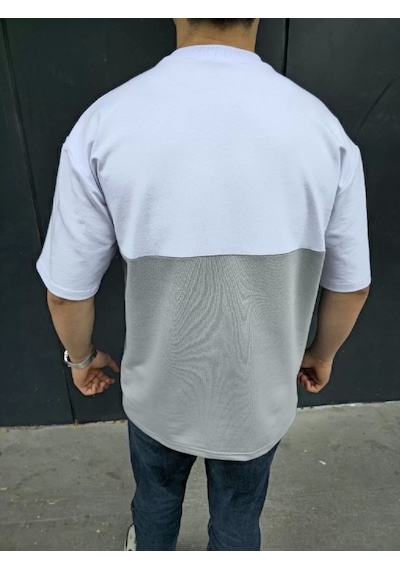 Unisex Torba Cep Detaylı Parçalı T-shirt - Gri