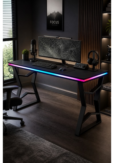 Bilgisayar Masası + Rgb Led 140 77 65 Cm Kumandalı Ve Telefon Kontrollü Siyah