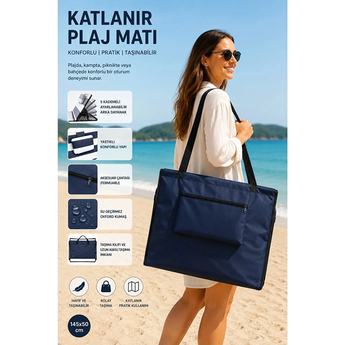 Katlanabilir Plaj Yatağı Şezlong Minderi Yastıklı 5 Kademeli Sırt Ayarlı Taşıma Çantalı 145x50 Cm Lacivert Beyaz