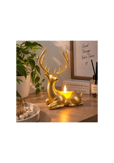 Geyik Biblo Mumluk Led Tealight Mumlu Dekoratif Masa Ve Ev Süsü, 18 Cm - Gold Açık