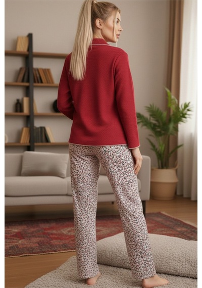 Siyah İnci Cepli Bürümcük-krınkıl Uzun Kollu Düğmeli Örme Pijama Takım 7991 Beyaz Pembe Çiçek