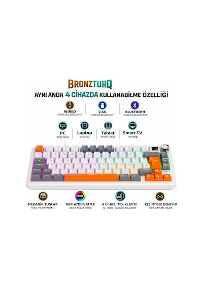 Bronzturq Mk1173 Rainbow Red Switch Üç Modlu Usb+2.4g +bt Kablolu Mekanik Klavye