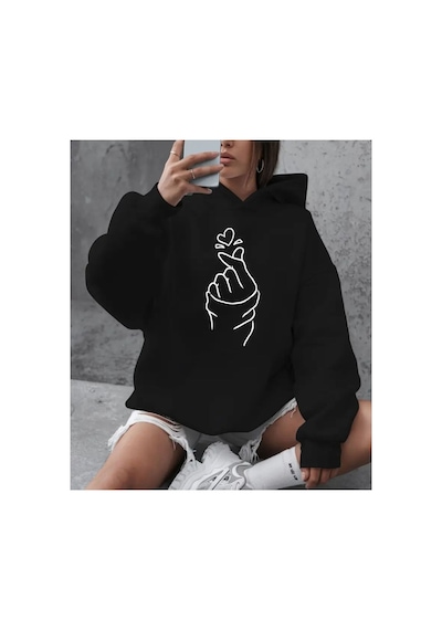Herkesemoda Little Heart Baskı Detaylı Kapüşonlu Sweatshırt Siyah