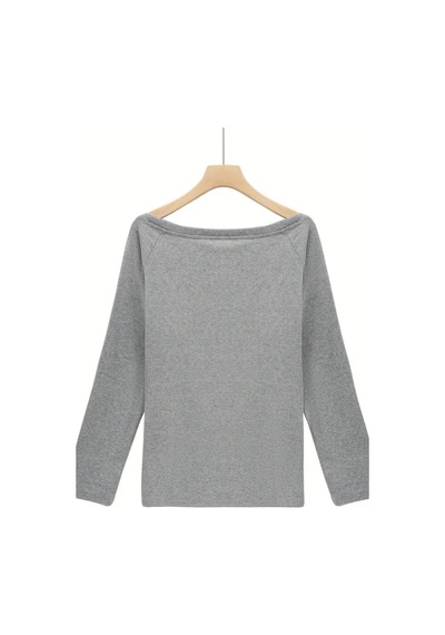 Cool Tarz Gri Kadın Düşük Omuz Kayık Yaka Oversize Uzun Kollu T-shirt Gri Gri