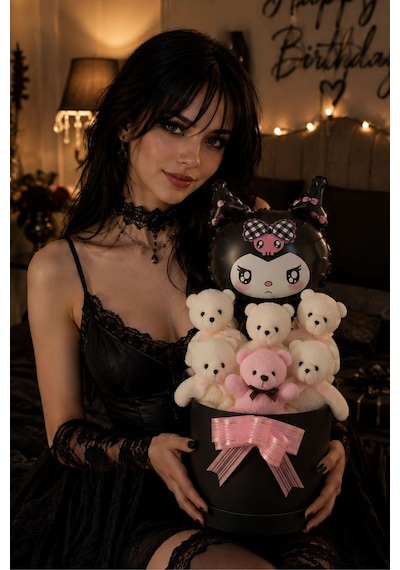 Kuromi Balonlu LED Işıklı Ayıcık Buketi - Peluş Hediye Kutusu Sevgiliye, Eşe Ve Kız Arkadaşa Hediye