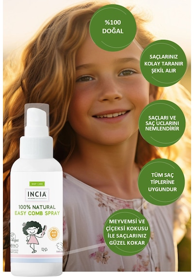 INCIA %100 Doğal Kolay Tarama Spreyi Çocuklar İçin Nemlendirici Parlaklaklaştırıcı Anti Klit 100 ml