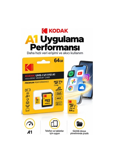 64gb Microsdxc Hafıza Kartı Uhs-ı U1 V10 A1 85 Mb/s Full Hd Sd Adaptörlü