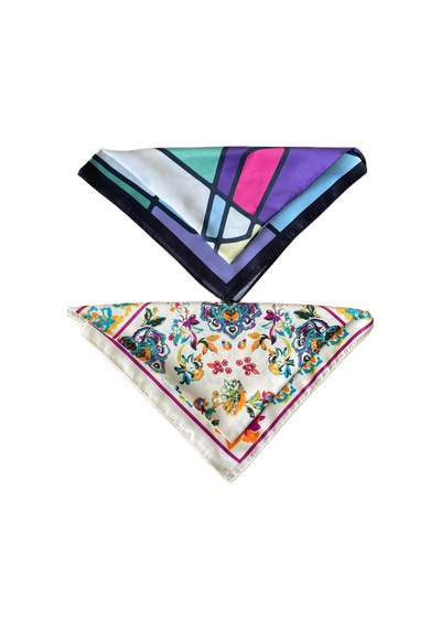 2 Li Saten Bandana Seti Saten Fular Saten Çanta Aksesuarı Özel Desen Bandana 45x50 Cm Gri - Mavi