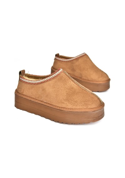 Fox Shoes R612047302 İçi Tüylü Kalın Tabanlı Süet Kadın Terlik Taba