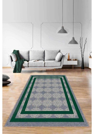 Yeşil Çerçeveli Kaymaz Taban Makinede Yıkanabilir Halı Rv088n11