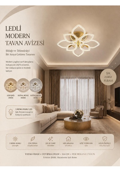 Çiçek 4+4'lü Ledli Gold Avize Altın - Gold