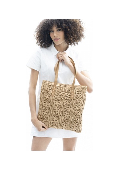 Deri Saplı Fermuarlı İç Cepli Kare Örgü Yazlık Sahil Plaj Beachwear Hasır Örgü İthal Çanta Camel