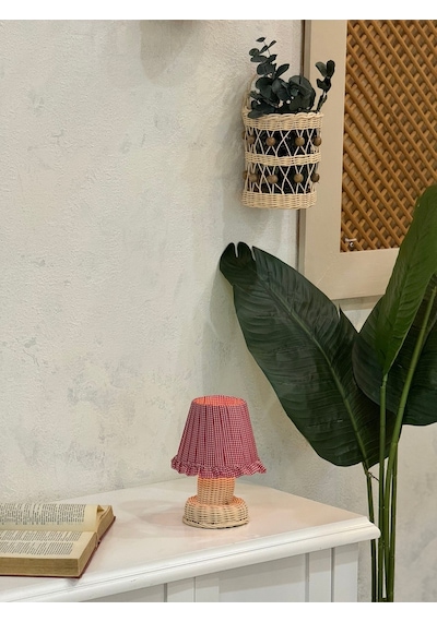 Kırmızı Pötikare Desen Kumaş Rattan Ayaklı Kablosuz Gece Masa Lambası