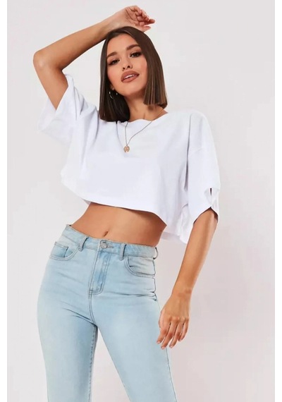 Startmore Beyaz %100 Pamuk Bisiklet Yaka Oversize Crop T-shirt Beyaz