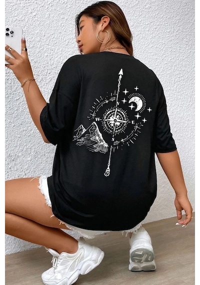 Unisex Pusula Baskılı T-shirt Siyah