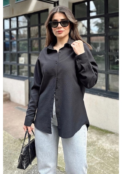 WeShaya Kadın Siyah Basic Model, Gofre Kumaş, Salaş Gömlek Siyah