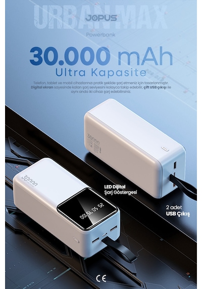 Jopus 30000mah Powerbank Lcd Ekranlı Taşıma Askılı Güçlü Taşınabilir Şarj Cihazı Beyaz