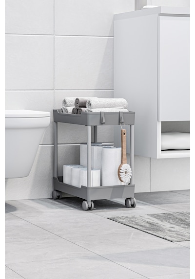 2 Adet Gri 2 Katlı Tekerlekli Düzenleyici Mutfak Ve Banyo Rafı