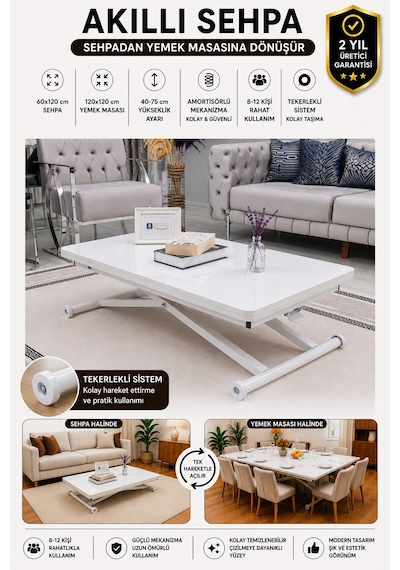 Sehpam Akıllı Home Üst Tabla Mdf Beyaz Oval Köşe Alt Beyaz Beyaz - Beyaz
