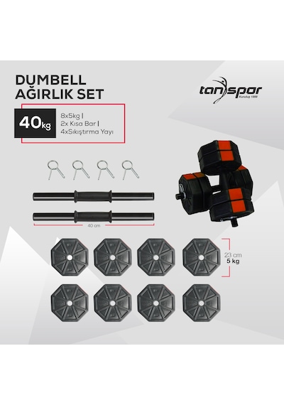 Tan Spor 40KG Dambıl Ağırlık Halter Ağırlık Kısa Bar ve 150 cm Düz Bar Seti