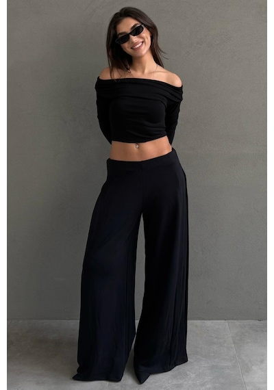 Madmext Siyah Yumuşak Dokunuşlu, Yanları Pilili, Modal İçeren Geniş Paça Pantolon Mg2668