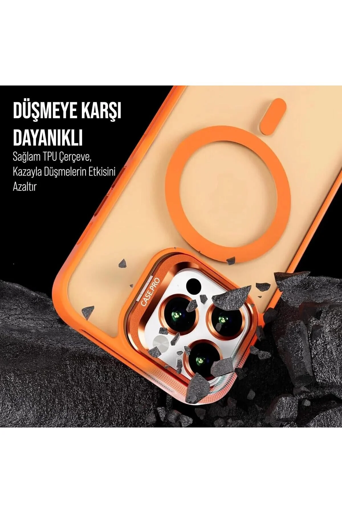 İphone 13 Uyumlu Magsafe Kılıf Mıknatıslı Standlı Darbeye Dayanıklı Mat Şeffaf Arka Kapak Lens li Turuncu